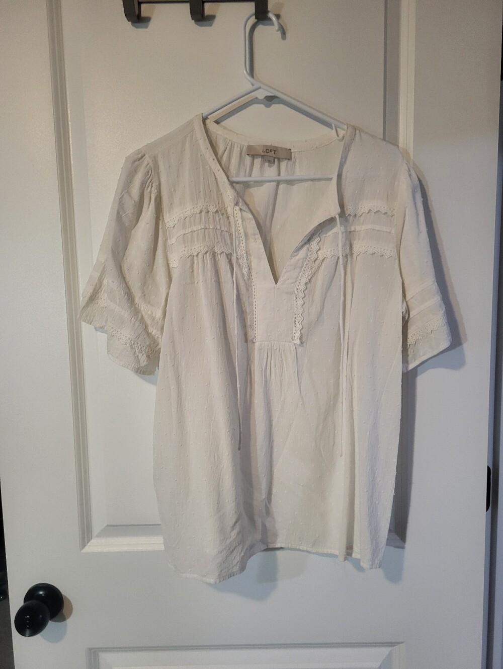 LOFT Cream Eyelet Peasant Blouse with Tie Neck